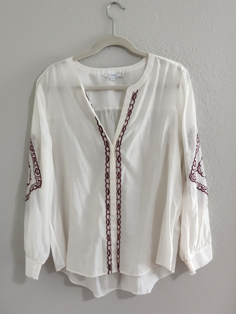 Chicos Blouse Womens 3 US 16 EU Embroidered Button Up Long Sleeve Lightweight